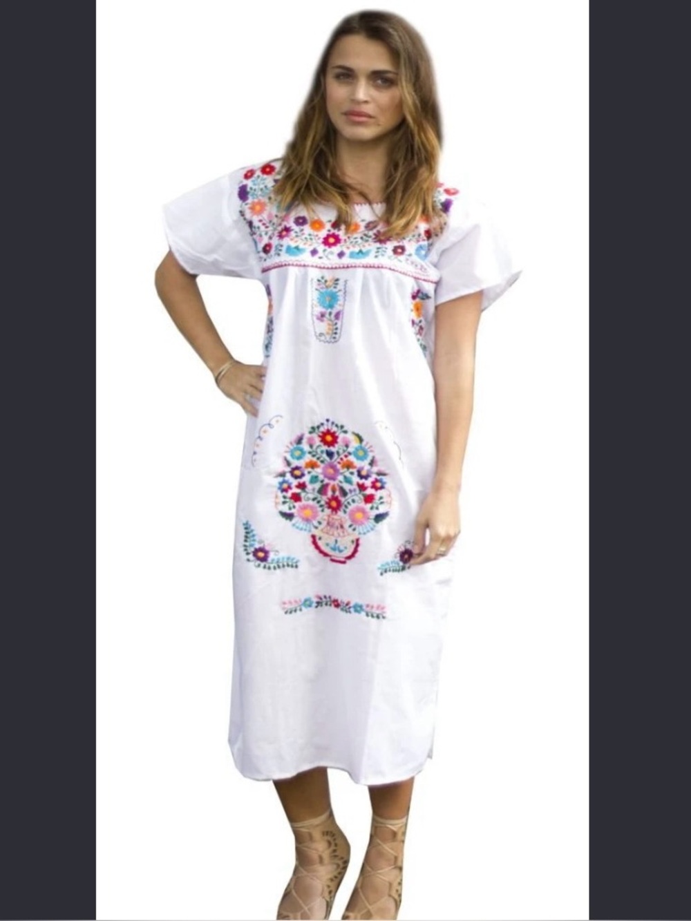 White Mexican  Embroidered Maxi Dress with Multicolor Floral Detail